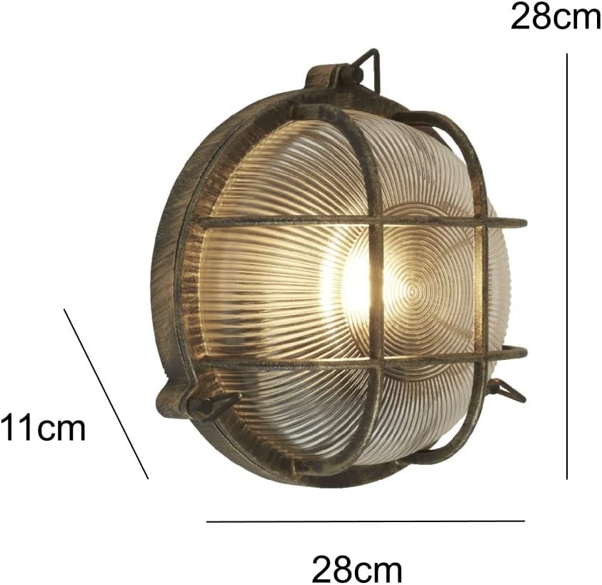 Antique Brass Ribbed Glass Outdoor Bulkhead Oblong or Round Light