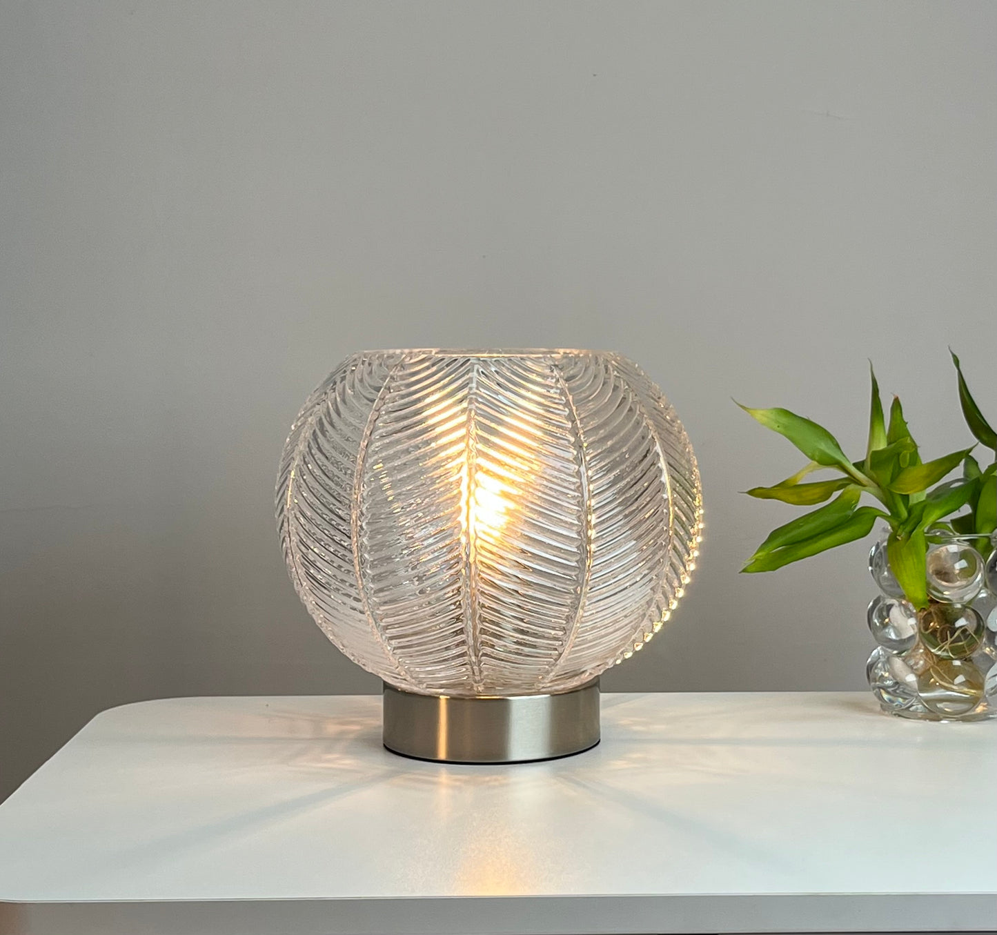 Leaf Design Glass Table Lamp in Green, Smoke Grey or Clear finishes with Matching Gold Base or Satin Chrome Base