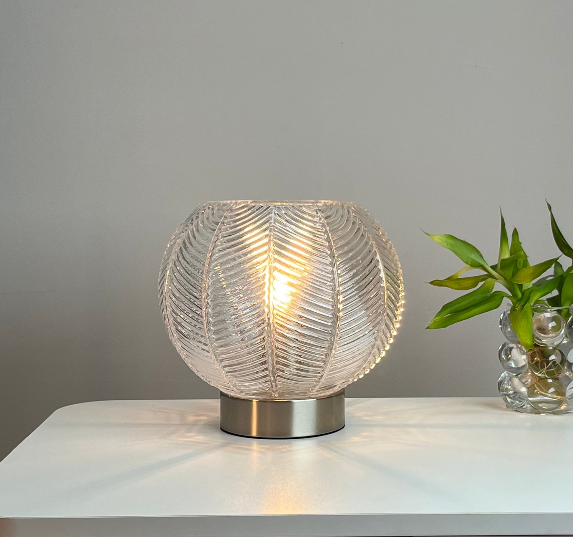 Leaf Design Glass Table Lamp in Green, Smoke Grey or Clear finishes with Matching Gold Base or Satin Chrome Base