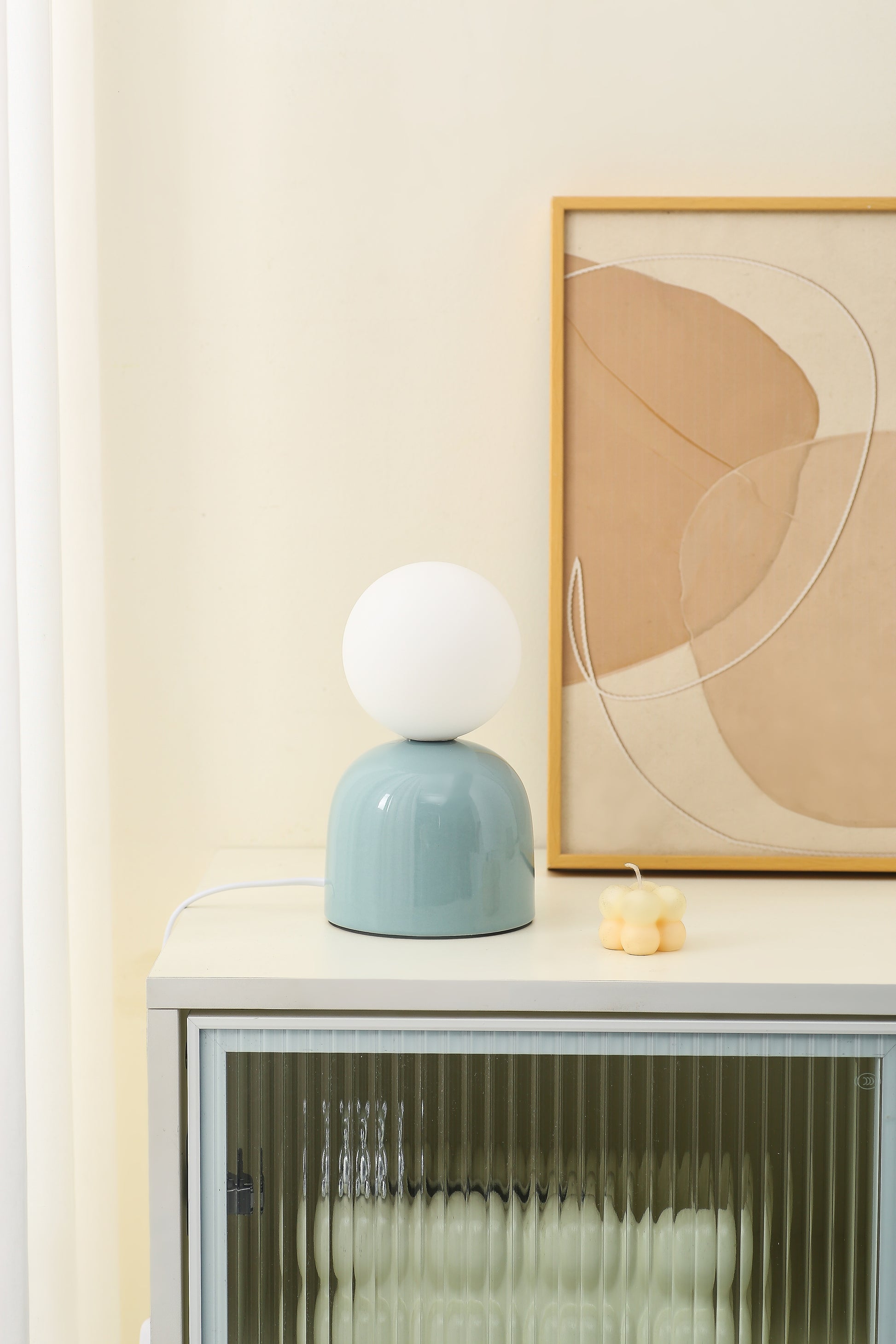  Small Ceramic Table Lamp in Brown, Aqua Blue or Soft Green With an Opaque Glass Head 