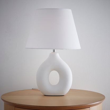 White Ceramic Table Lamp with a White Cotton Drum shade and decorative textured finish