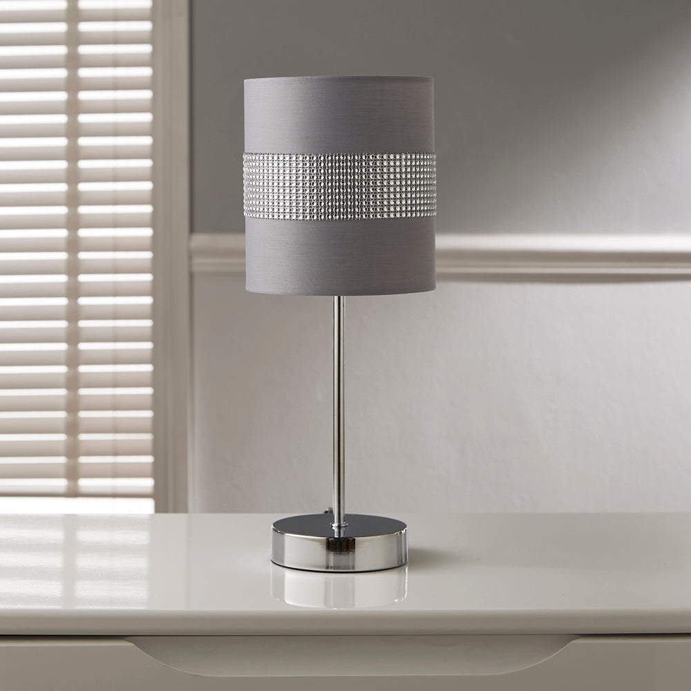 Twinkle Grey Table Lamp with Diamante Wrap Grey shade 