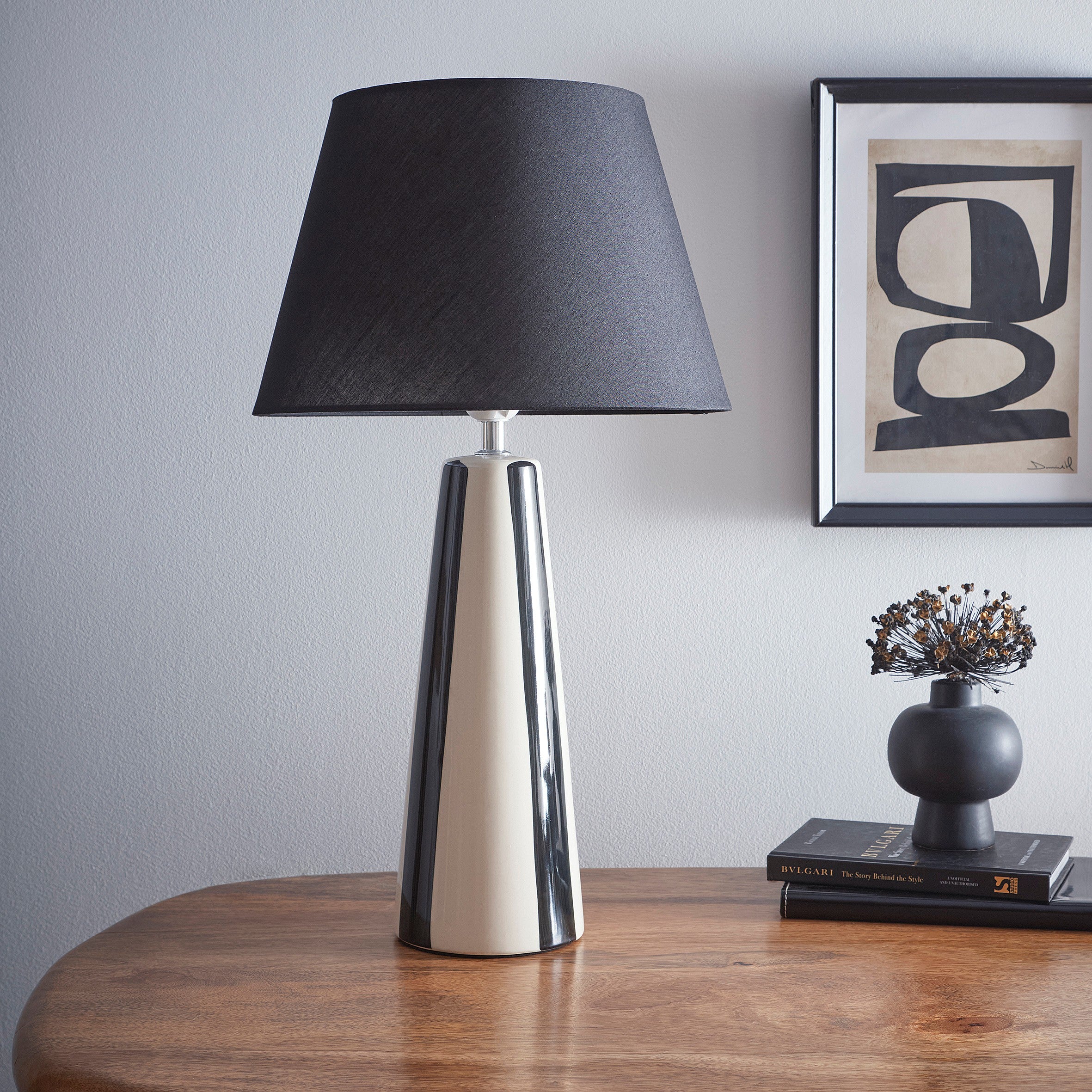 Painted Striped Ceramic Table Lamps with Matching shades, in Black, Blue, Green and Grey Colour options