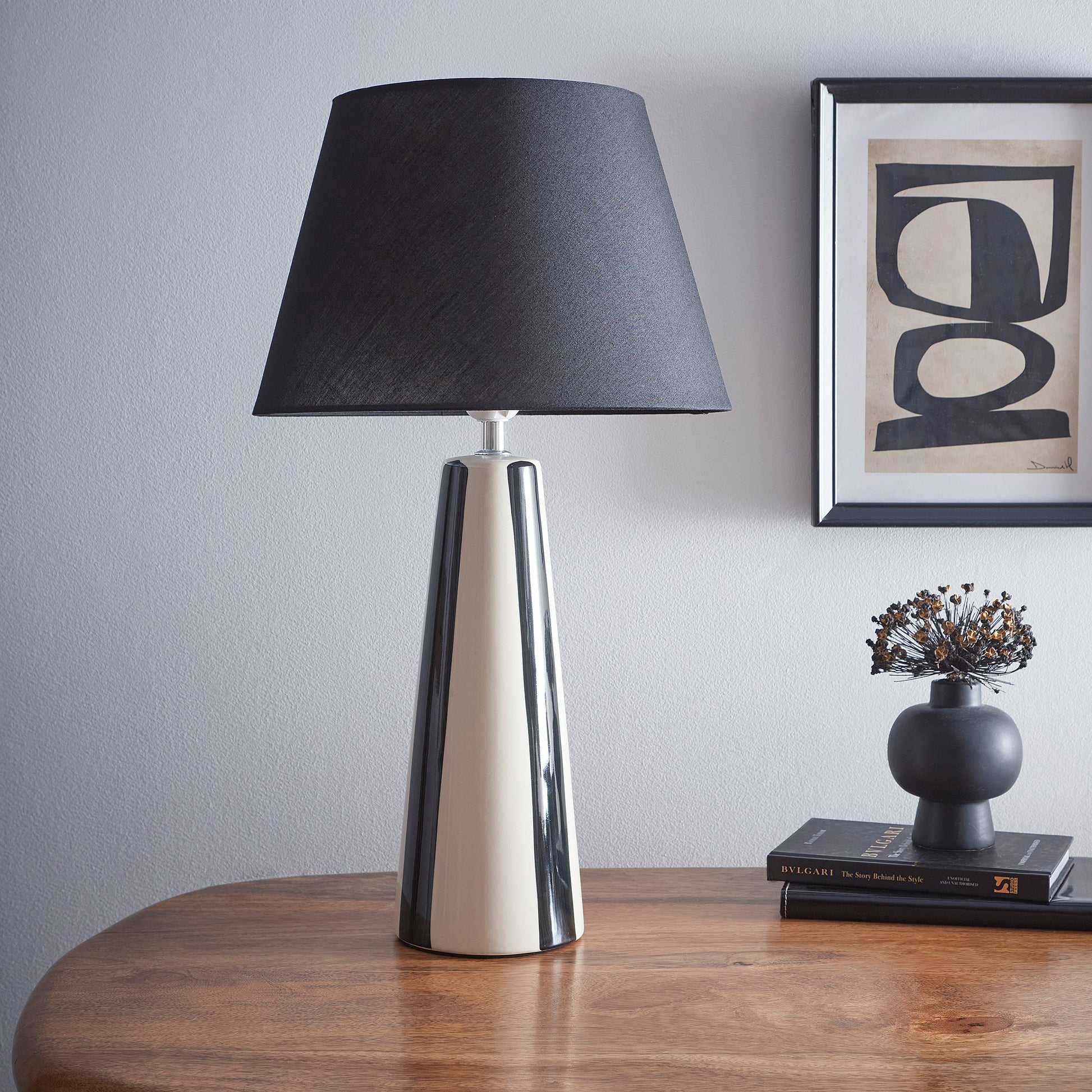 Painted Striped Ceramic Table Lamps with Matching shades, in Black, Blue, Green and Grey Colour options