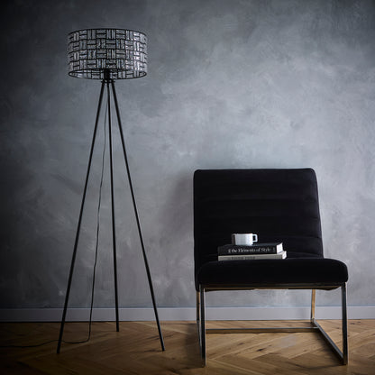 Black Modern Tripod Floor Lamp with Acrylic Glass Drum Shade With a Metal Cut Out Design