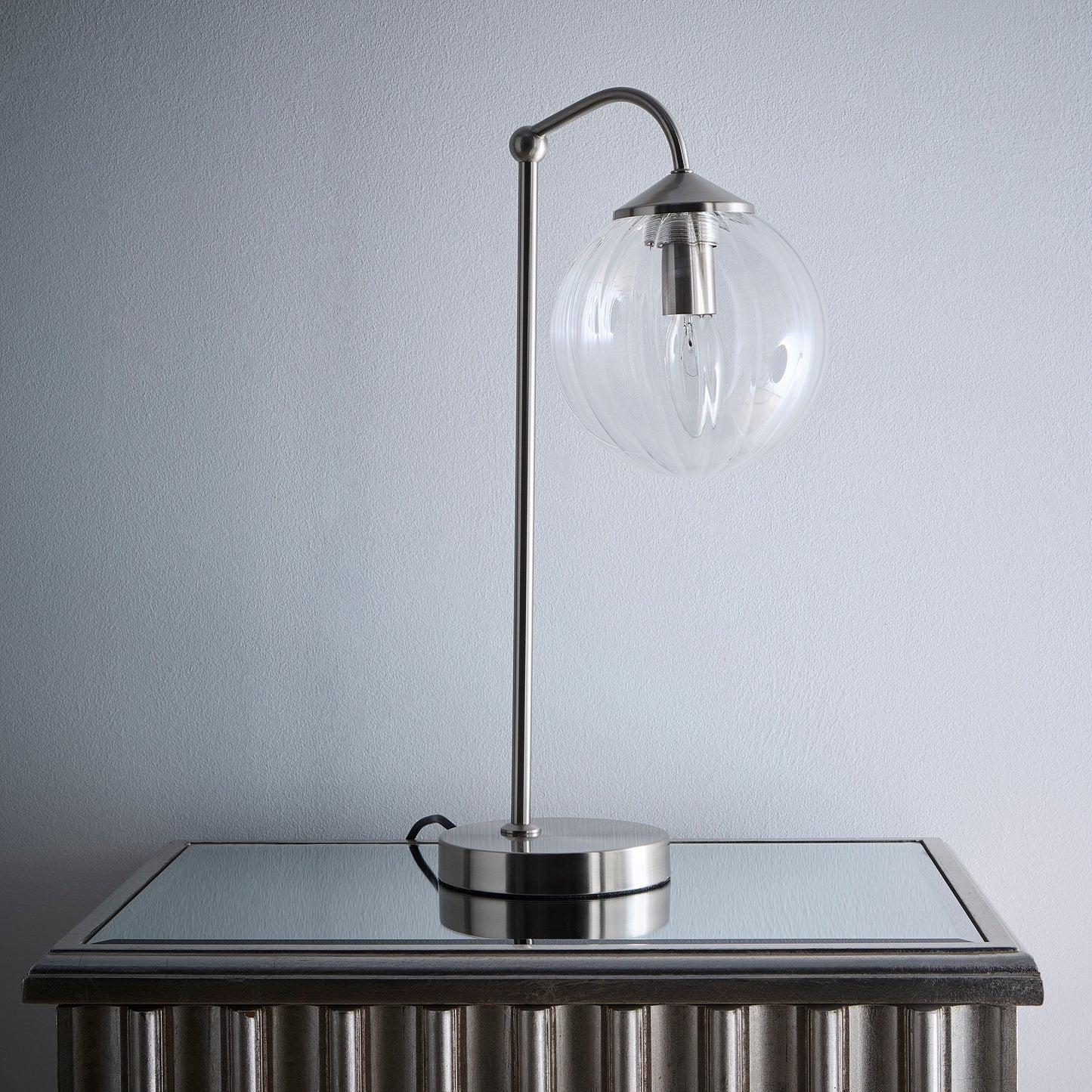 Modern Satin Nickel Table and Floor Lamp with a Ribbed Glass Lamp Shade 