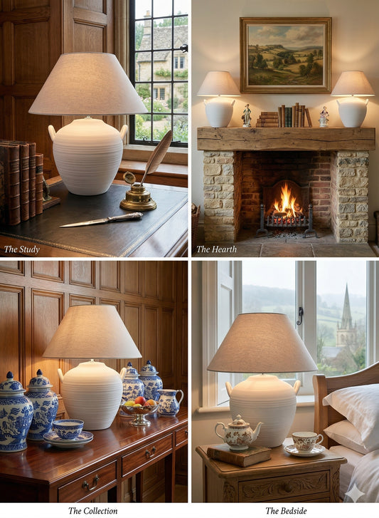 Ceramic Pot Table Lamp in White or Black Stone Like Finish with Side handles and Natural Linen Lampshade