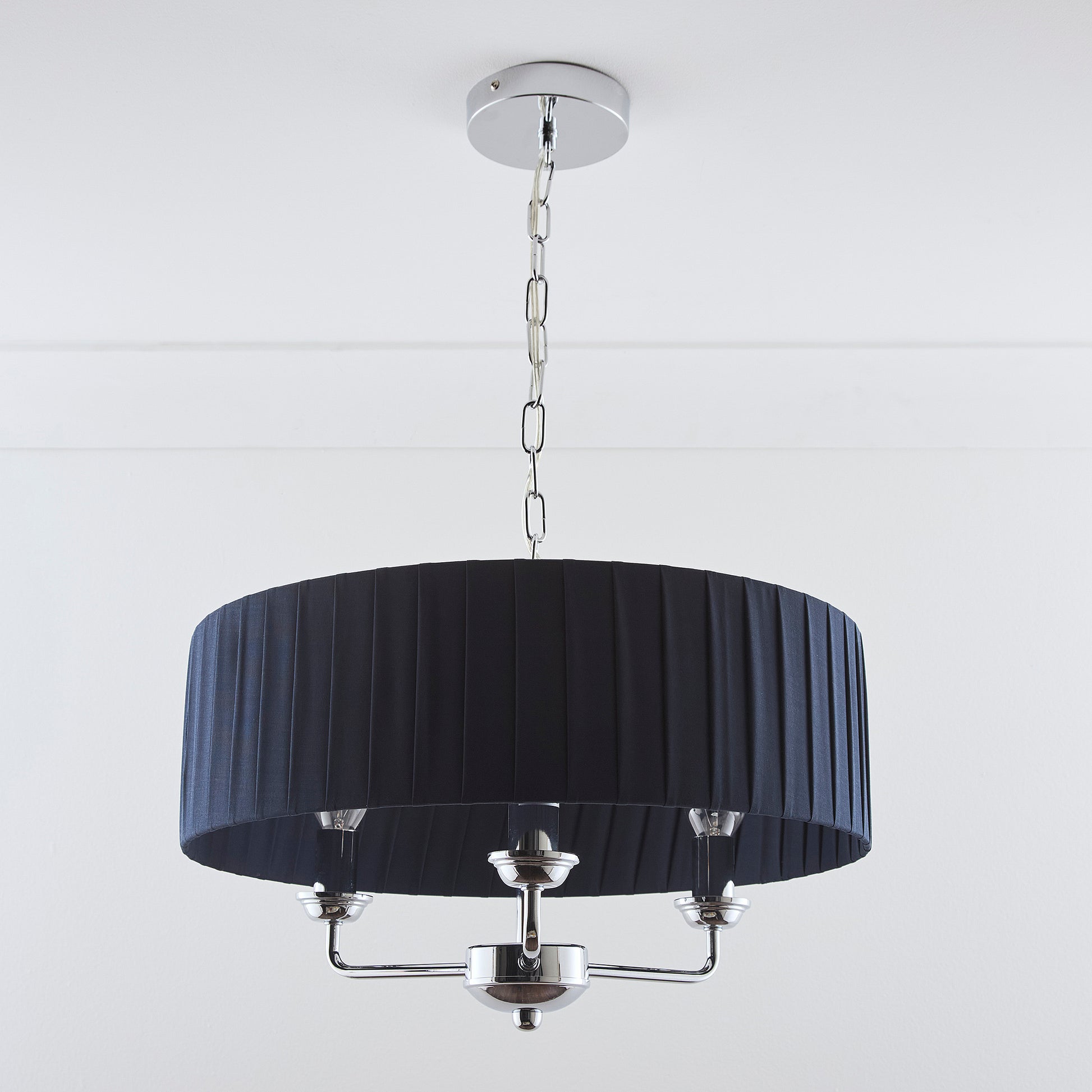 3 Light Pleated shade Chandelier with a 3 arm Polished Chrome Frame available in Cream, Grey and Navy