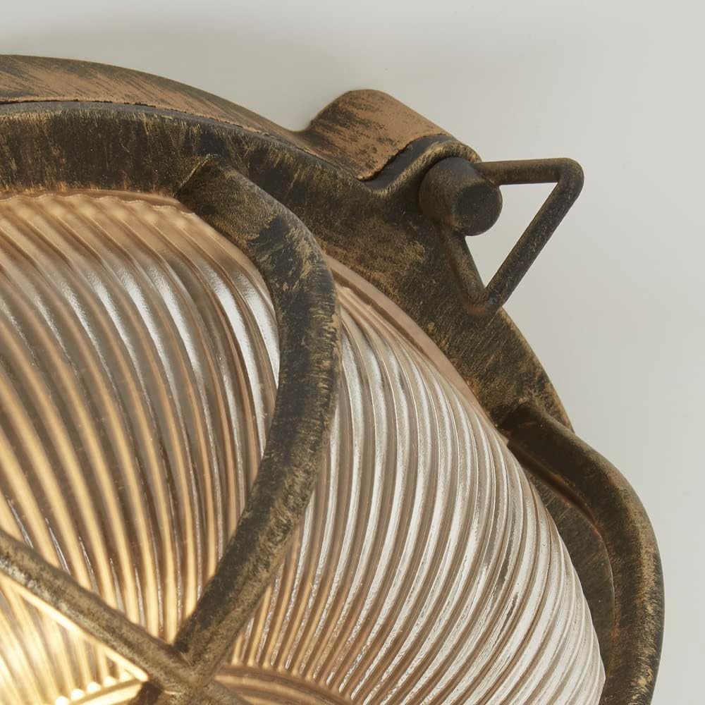 Antique Brass Ribbed Glass Outdoor Bulkhead Oblong or Round Light