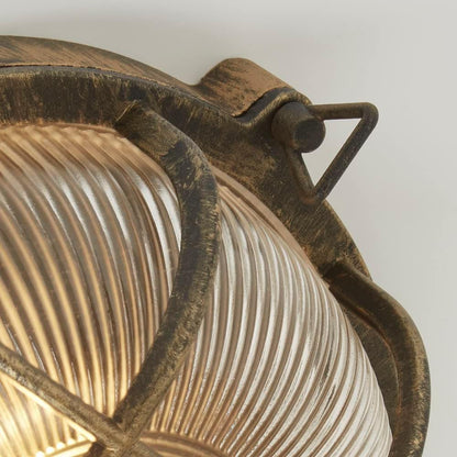 Antique Brass Ribbed Glass Outdoor Bulkhead Oblong or Round Light