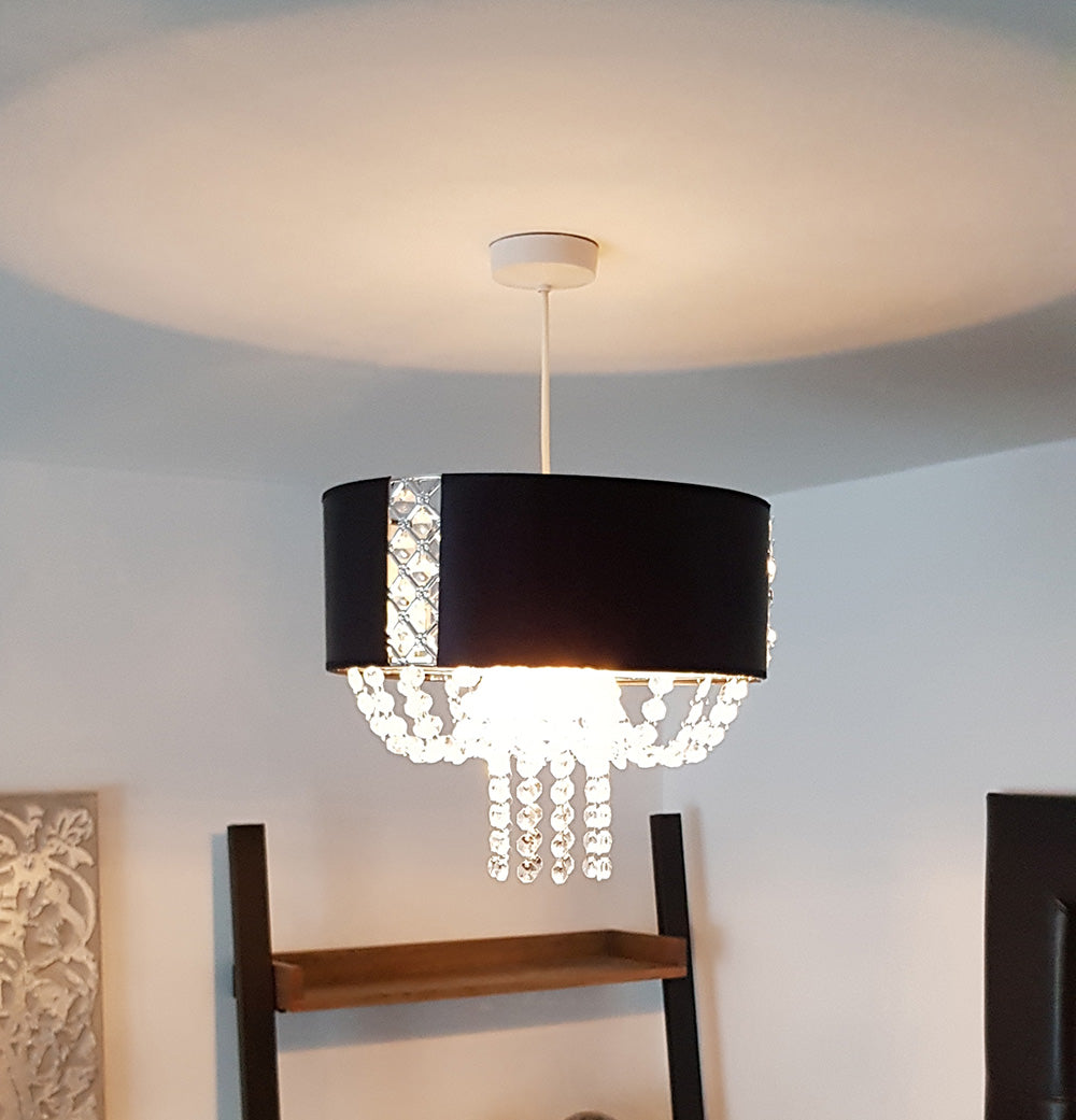 Ruth Drum Fabric Shade with Clear Beaded Chandelier Droplets attached