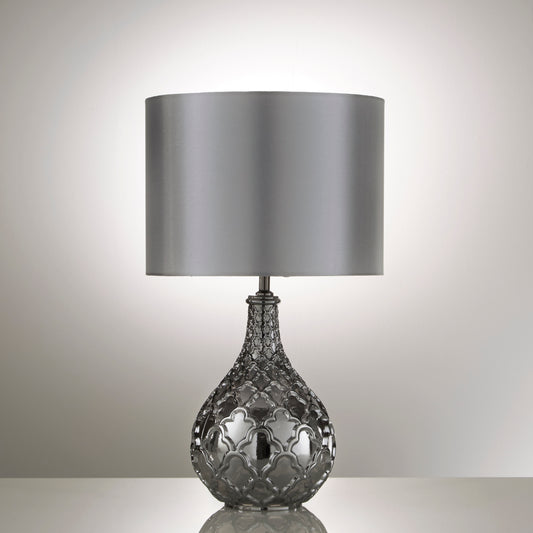 Smokey Grey Glass Table Lamp with Grey Satin Lamp Shade