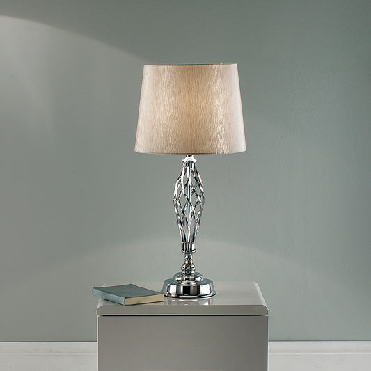 Chrome Table Lamp Base with a Light Gold Fleck Shade and a Feature Barley Twist Spiral stem 