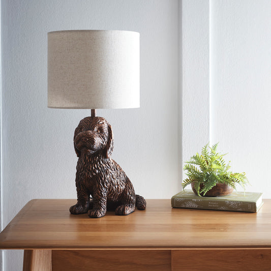 Puppy Animal Table Lamp in an Antique Copper Finish with a Natural Linen Shade
