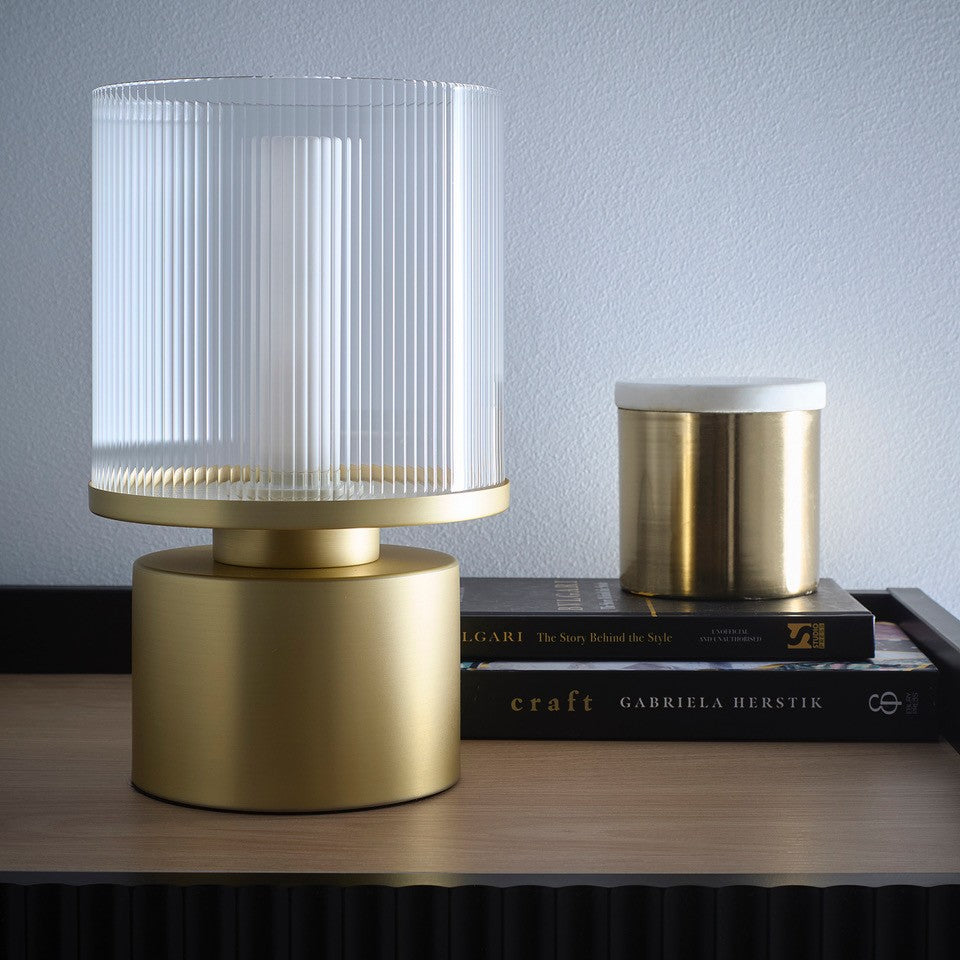 Ribbed Glass Satin Gold Table Lamp or Satin Nickel Table Lamp with Ribbed Glass Shade with a Ceramic Bulb Holding cover