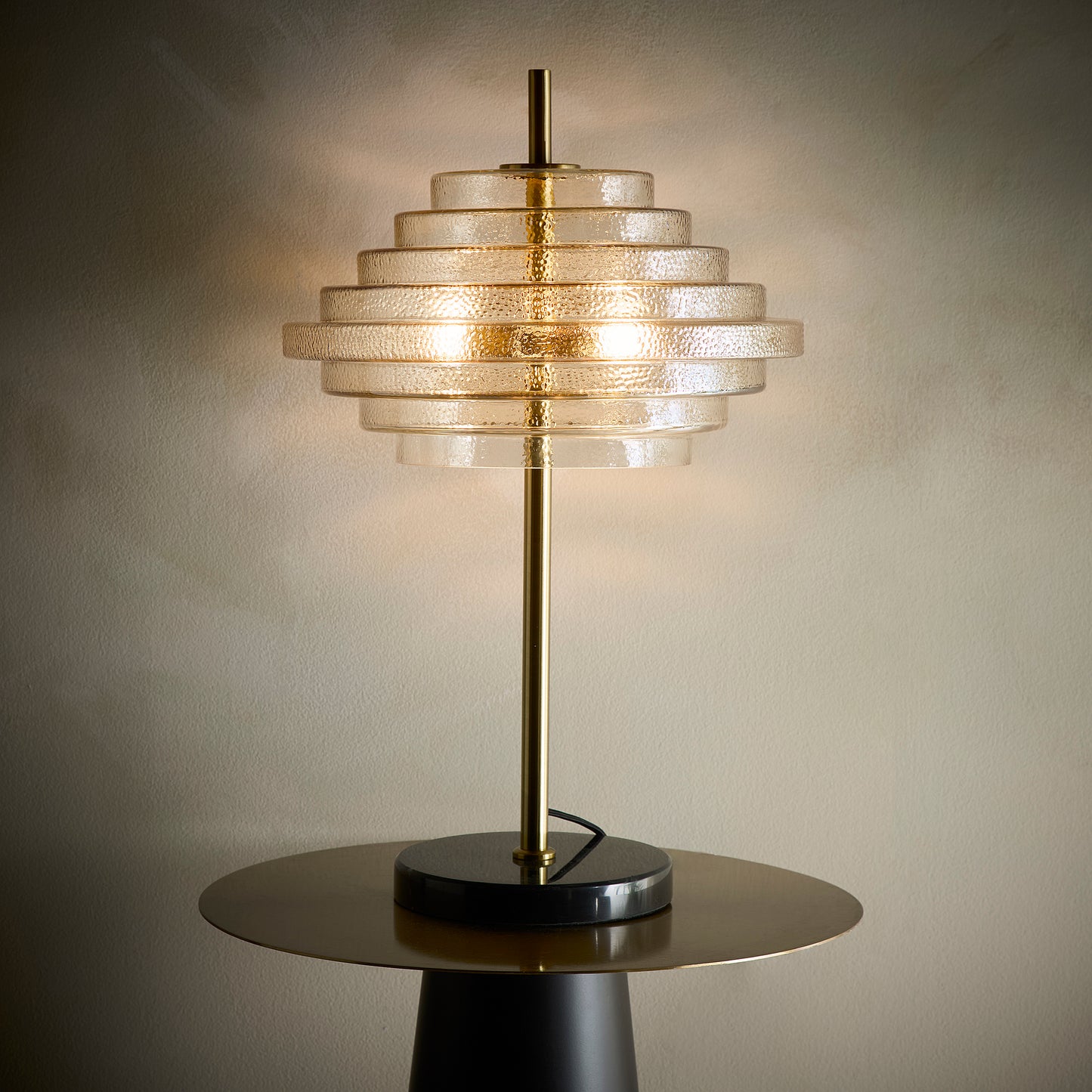 Amber Copper Glass Table lamp, Floor Lamp or Ceiling Pendant collection with a brass finish and Marble lamp bases