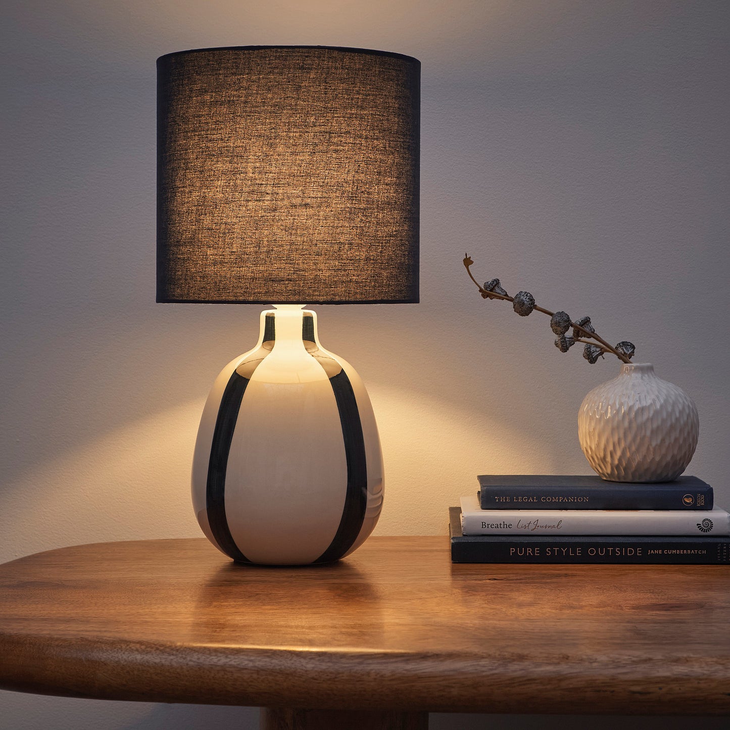 Painted Striped Ceramic Table Lamp with a round base and Matching shades, in Black, Blue, Green and Grey Colour options