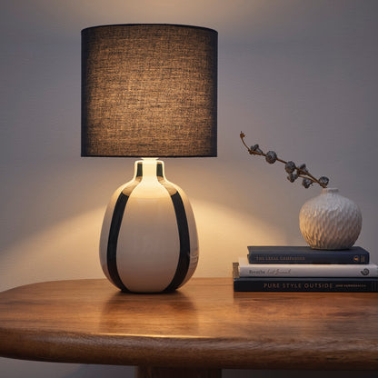 Painted Striped Ceramic Table Lamp with a round base and Matching shades, in Black, Blue, Green and Grey Colour options