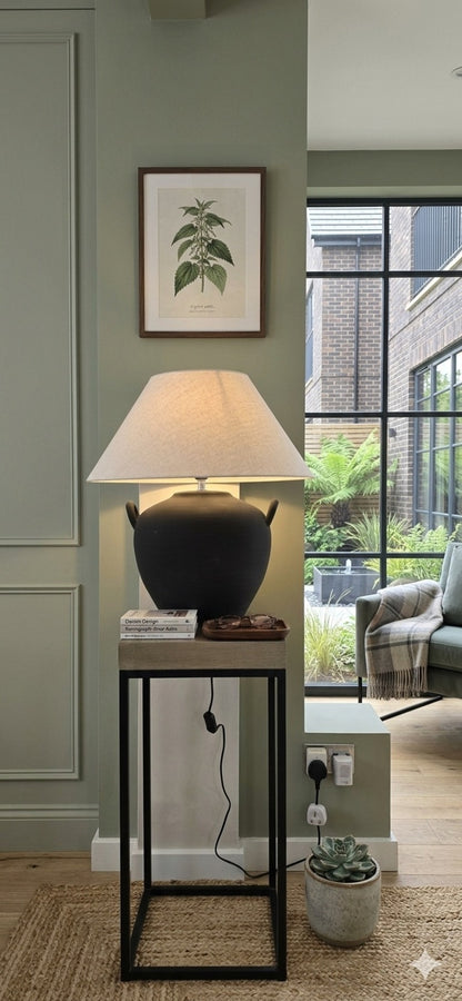 Ceramic Pot Table Lamp in White or Black Stone Like Finish with Side handles and Natural Linen Lampshade