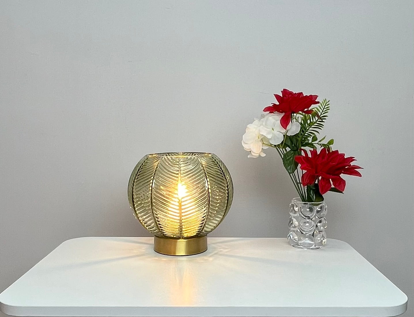 Leaf Design Glass Table Lamp in Green, Smoke Grey or Clear finishes with Matching Gold Base or Satin Chrome Base