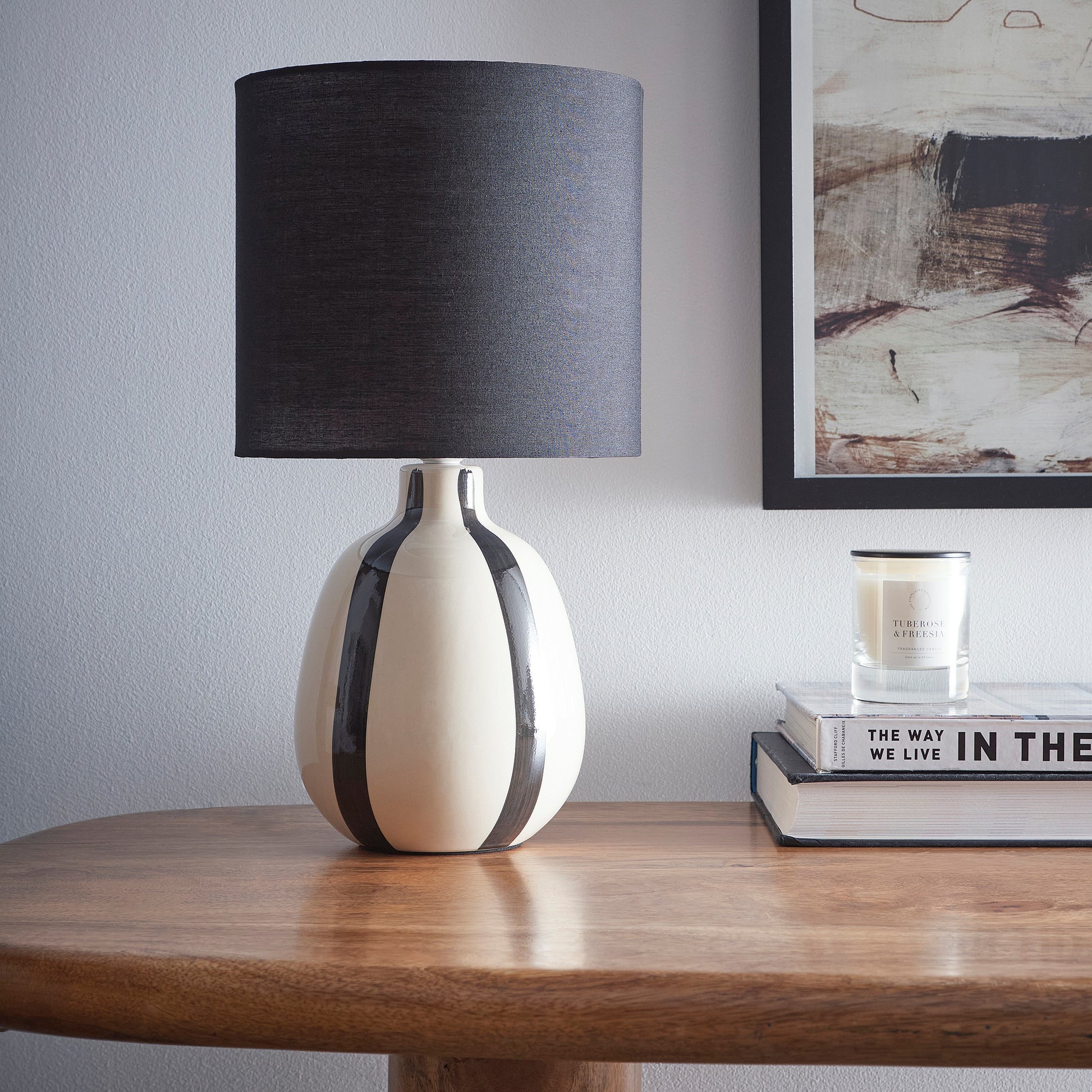 Painted Striped Ceramic Table Lamp with a round base and Matching shades, in Black, Blue, Green and Grey Colour options