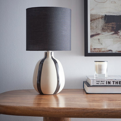 Painted Striped Ceramic Table Lamp with a round base and Matching shades, in Black, Blue, Green and Grey Colour options