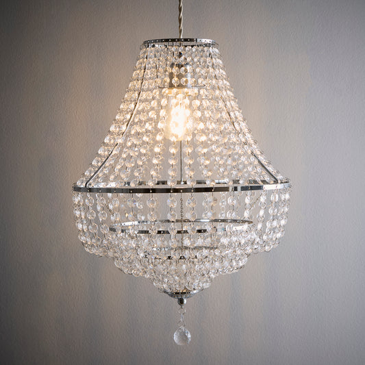 Chrome and Clear Acrylic Breads light Pendant with 3 tiers and a hanging decorative light pendant