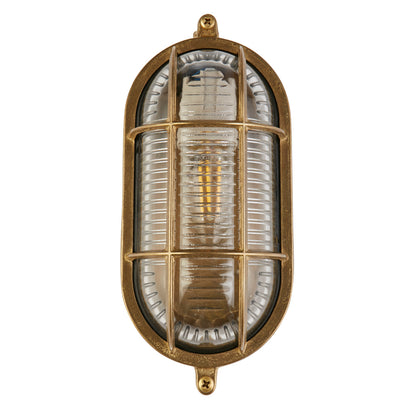 Antique Brass Ribbed Glass Outdoor Bulkhead Oblong or Round Light