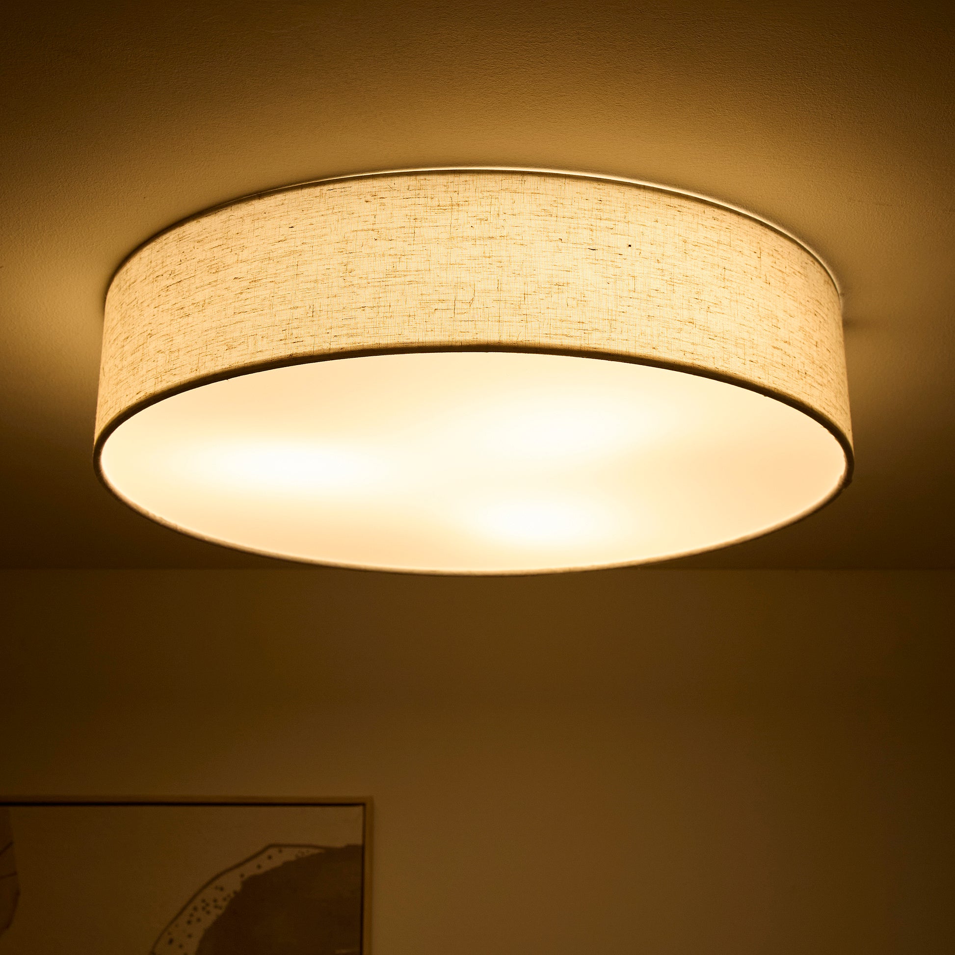 Natural Linen Flush Ceiling Light or Wall Light with White Diffuser Available in 2 Sizes 38 cm round and 45 cm Round