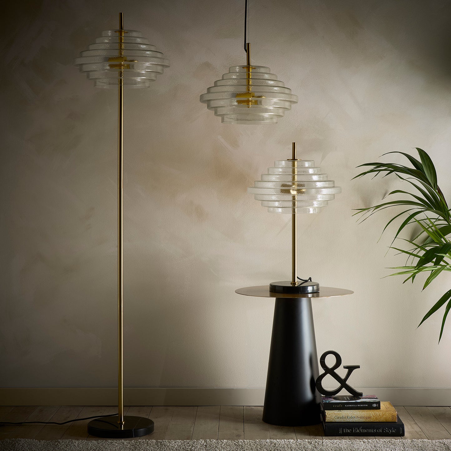 Clear Glass Table lamp, Floor Lamp or Ceiling Pendant collection with a brass finish and Marble lamp bases