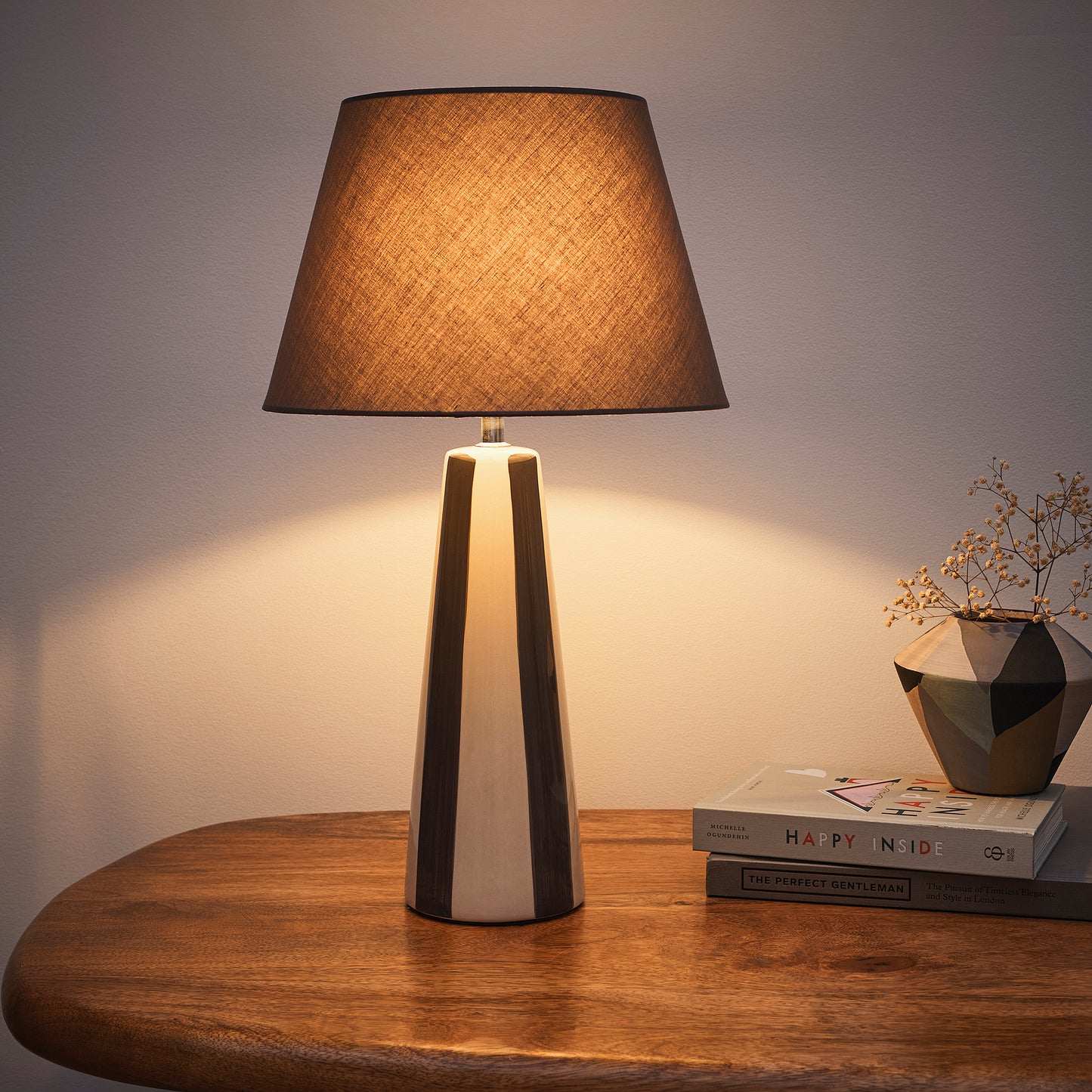 Painted Striped Ceramic Table Lamps with Matching shades, in Black, Blue, Green and Grey Colour options
