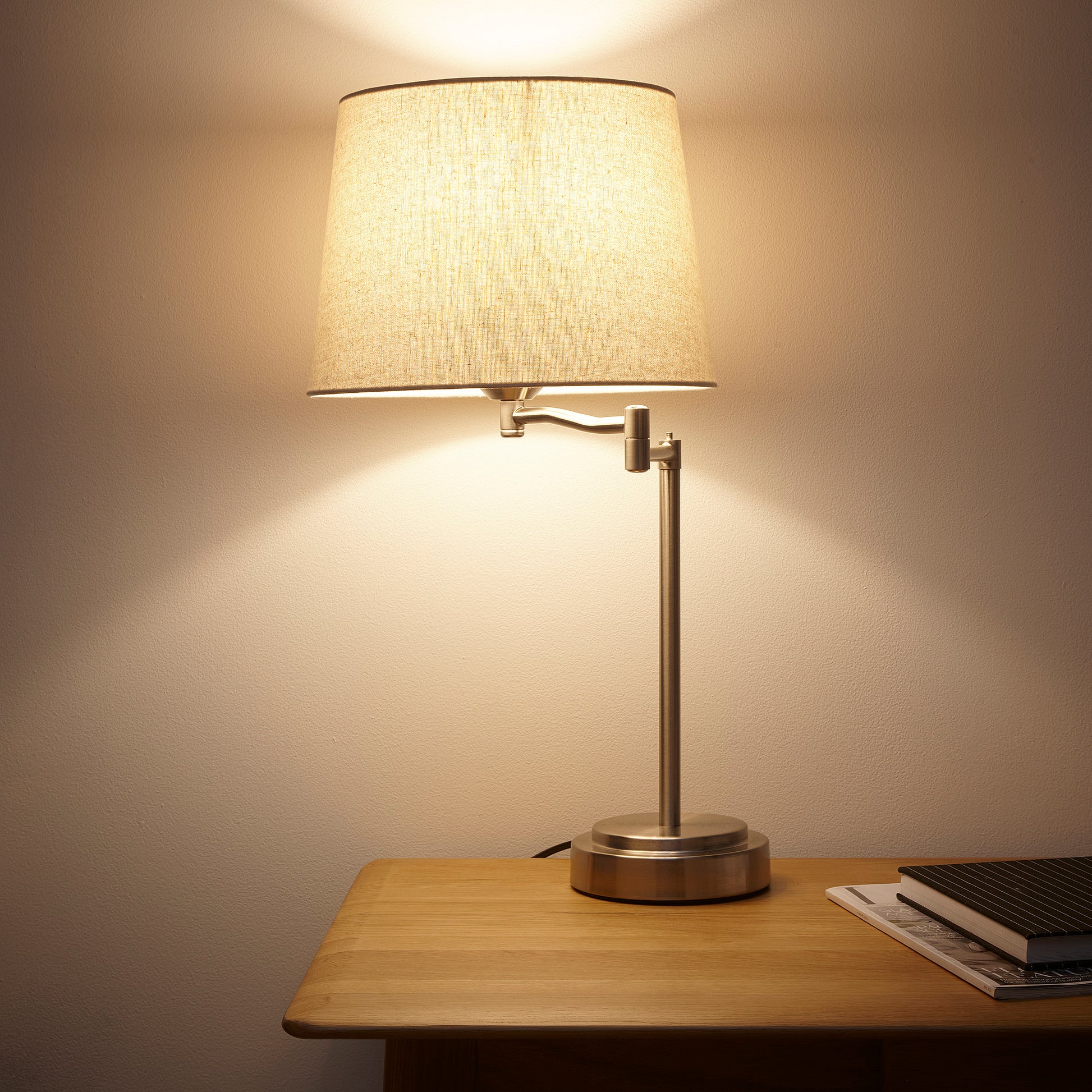 Classic Swivel Table Lamps in Matt Black or Brushed Silver with Swing Arms and Linen Lampshades 