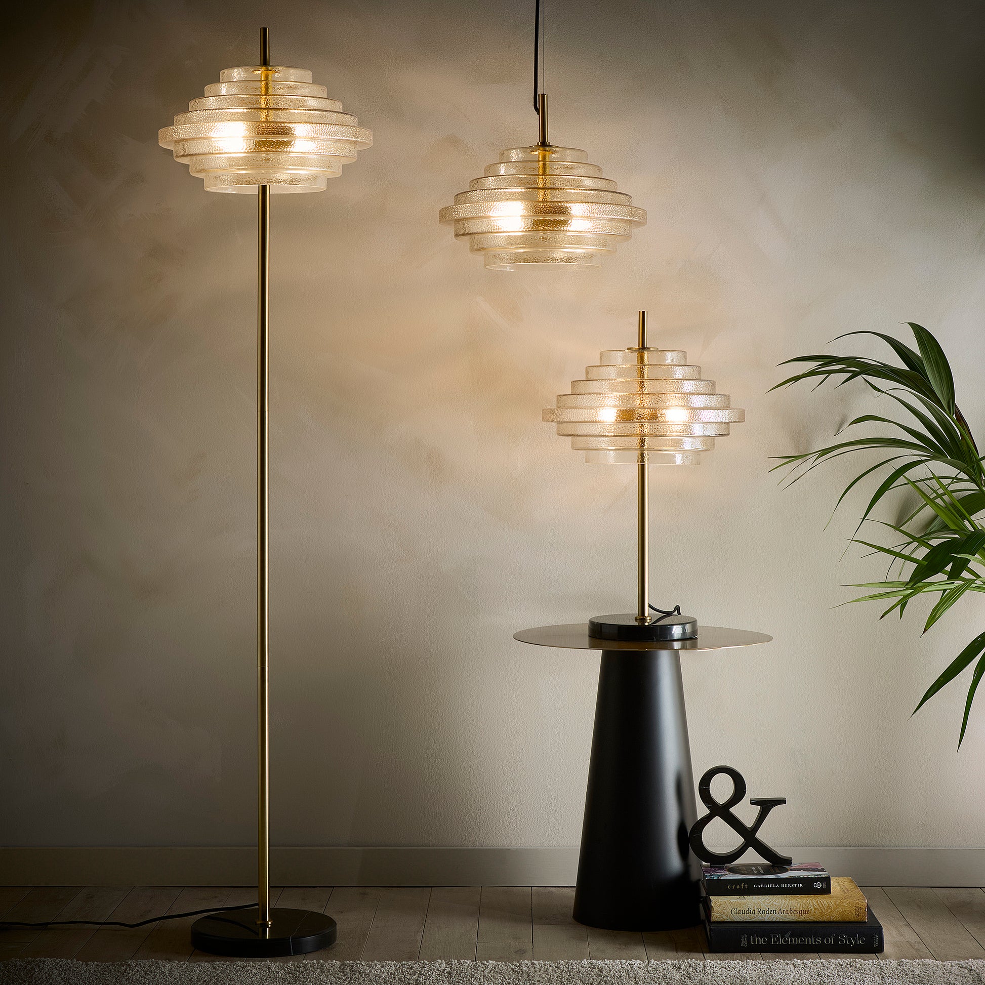 Amber Copper Glass Table lamp, Floor Lamp or Ceiling Pendant collection with a brass finish and Marble lamp bases