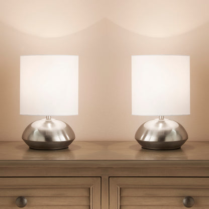 Silver Chrome Pair of Touch Lamps with White Lamp shade and Stepped Dimming options