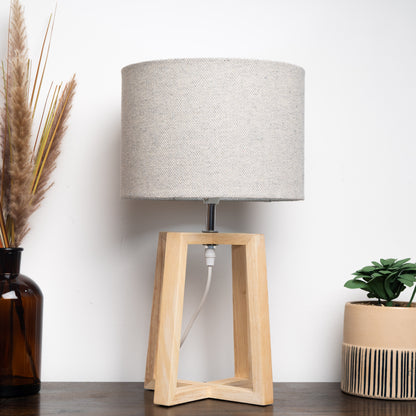 Natural Wooden Table Lamp with Linen Look Shade Criss Cross Legs
