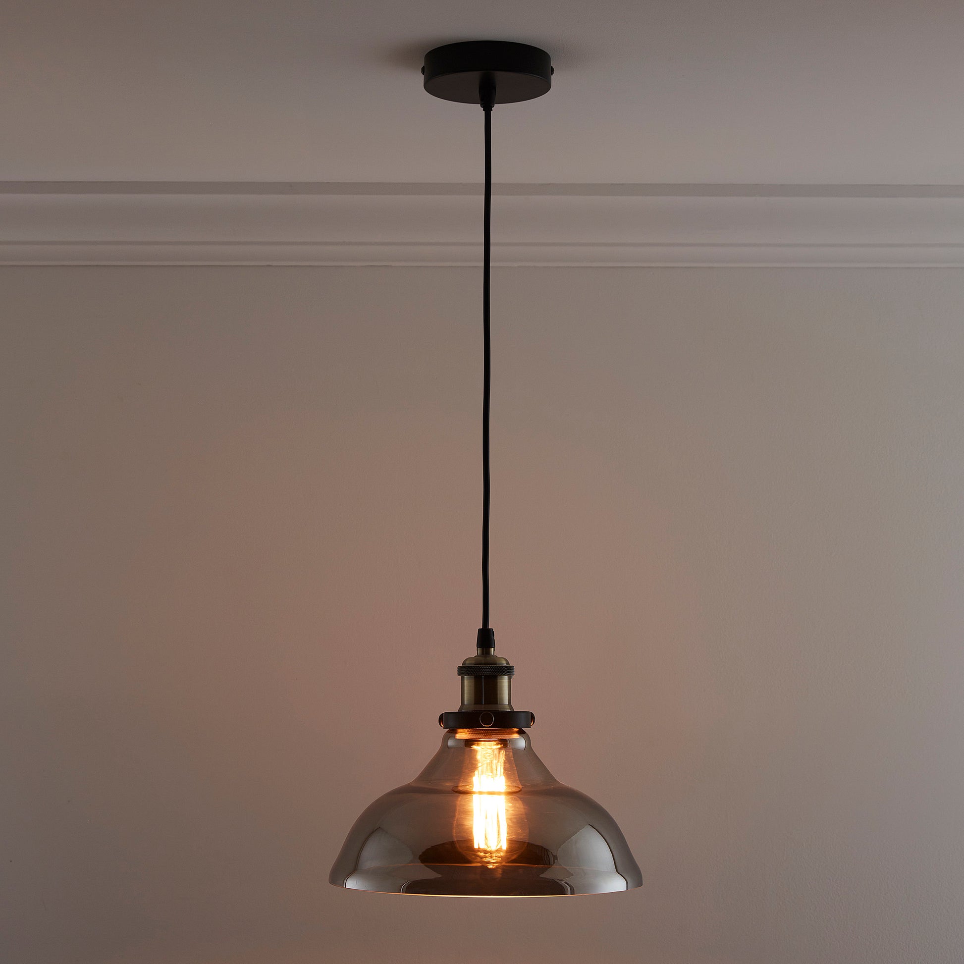 One Light Hanging Glass Ceiling Pendant with Filament Bulb in a Clear or Smokey Colour