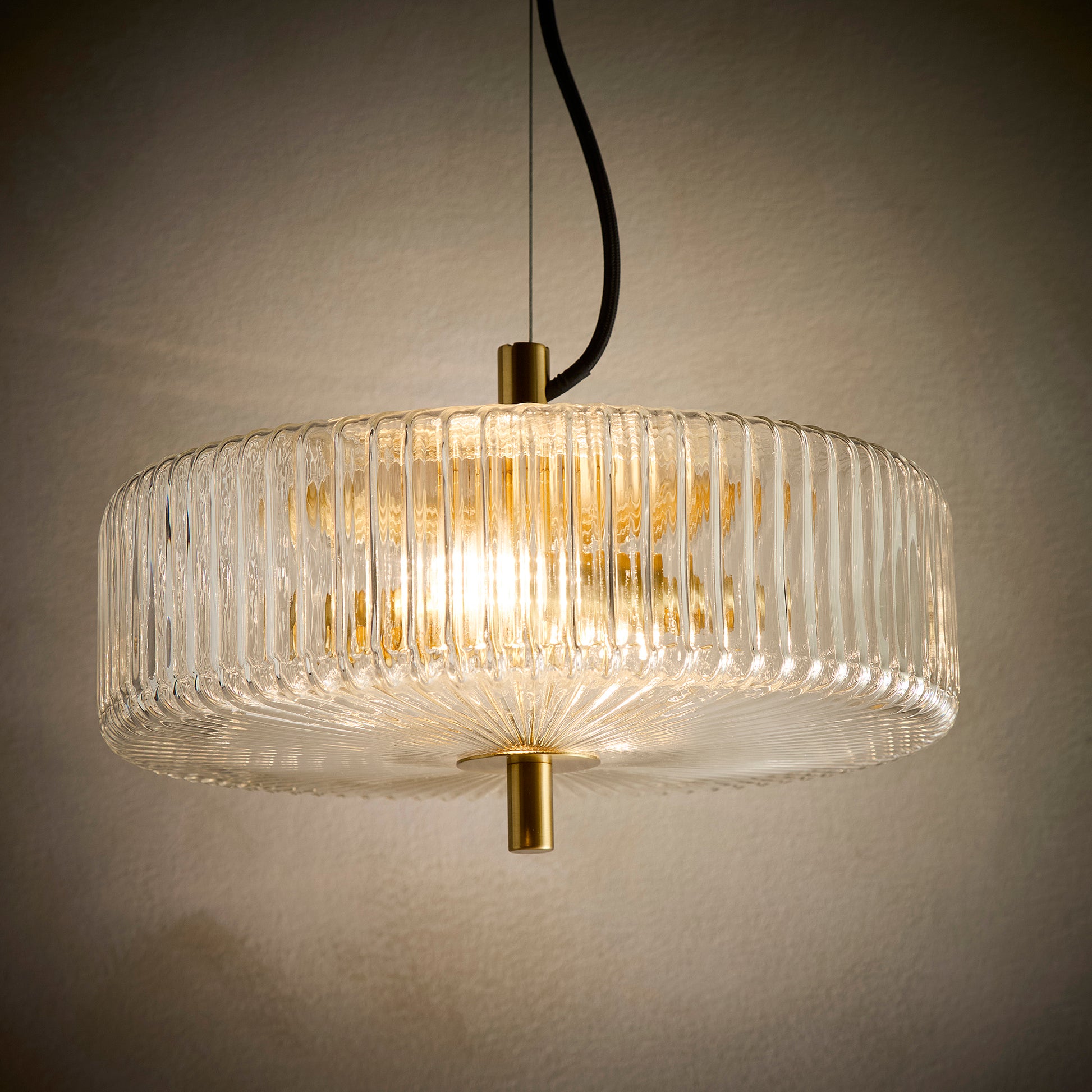 2 Light Clear Ribbed Glass Collection including Table lamp, Floor Lamp or Ceiling Pendant in a Brass finish