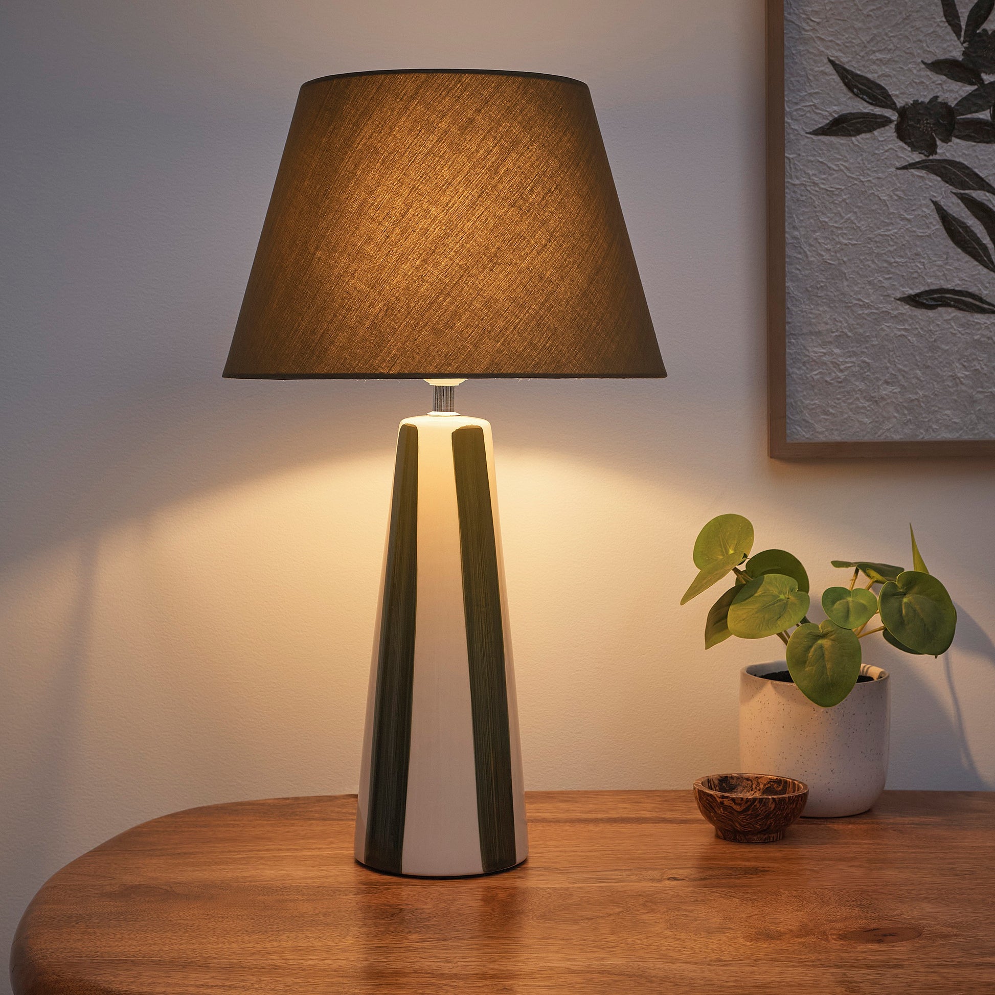 Painted Striped Ceramic Table Lamps with Matching shades, in Black, Blue, Green and Grey Colour options