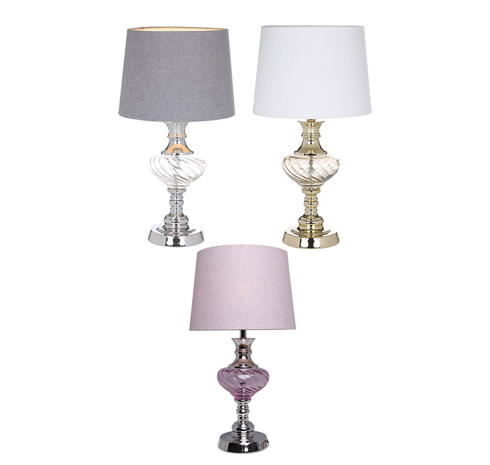 Witney Elegant Chrome and Glass Traditional Table Lamp in Ivory, Lilac or Charcoal