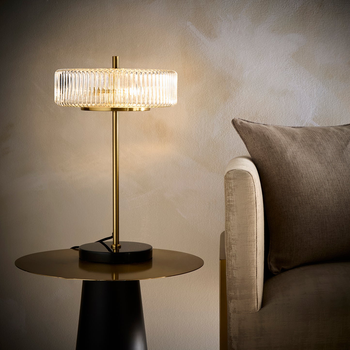 2 Light Clear Ribbed Glass Collection including Table lamp, Floor Lamp or Ceiling Pendant in a Brass finish