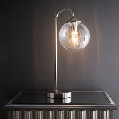 Modern Satin Nickel Table and Floor Lamp with a Ribbed Glass Lamp Shade 