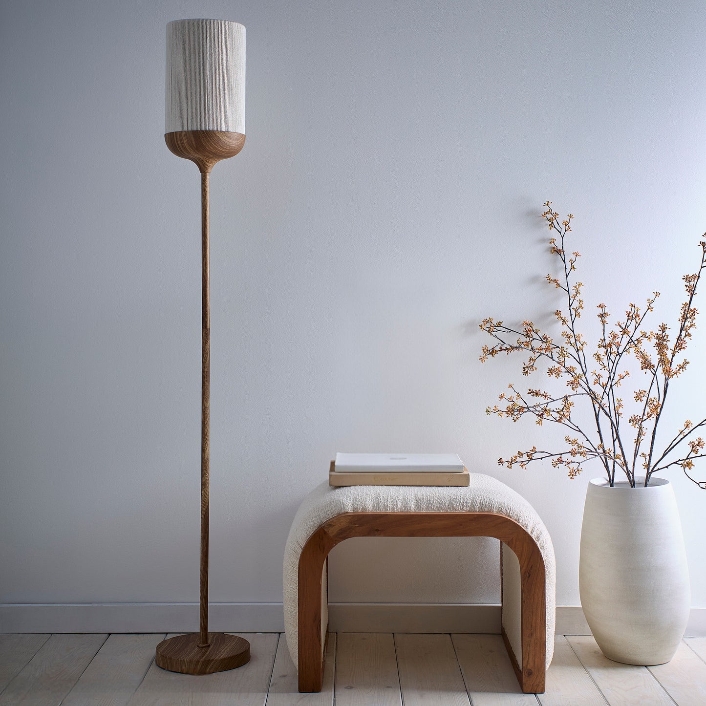 Modern Wood Effect Table and Floor Lamp in a Metal Finish with a Natural Cotton Lampshade