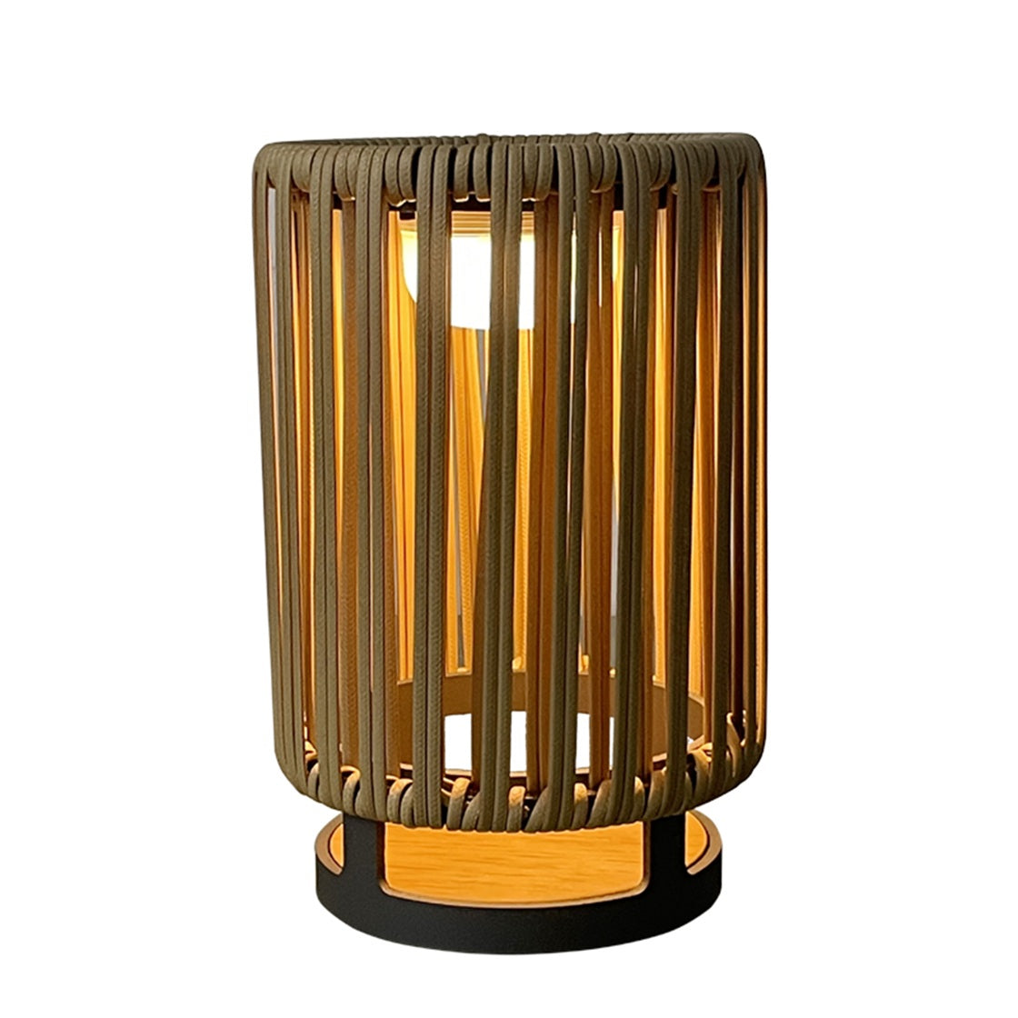 Natural Finish small Rattan Solar and Rechargeable Lamp Solar Lamp with USB C Port, For Use All Year Round Waterproof 33cm Height