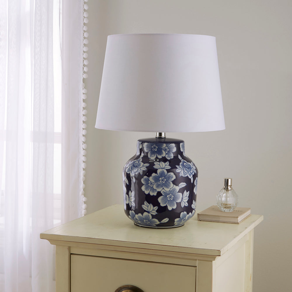 Traditional Ceramic Floral Table Lamp in Blue with White Shade 47.5 cm Table Lamp