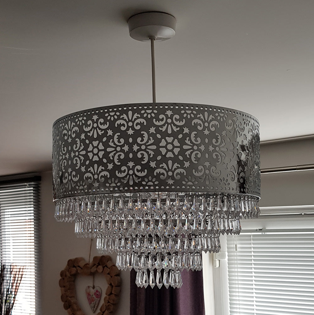 Emily Easy Fit Chrome Cutout Pendant Shade with Acrylic Clear Beaded Tiered Chandelier