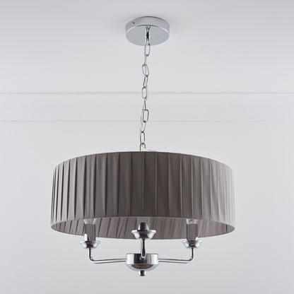 3 Light Pleated shade Chandelier with a 3 arm Polished Chrome Frame available in Cream, Grey and Navy