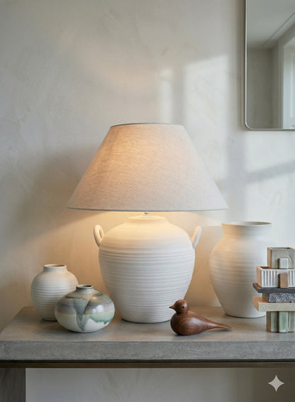 Ceramic Pot Table Lamp in White or Black Stone Like Finish with Side handles and Natural Linen Lampshade