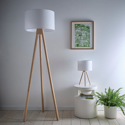Tall oak wooden tripod floor lamp with matching tripod table lamp and white drum shades