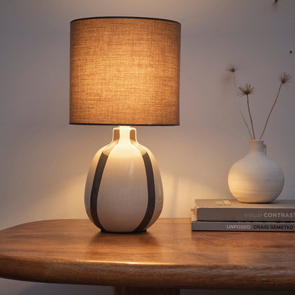 Painted Striped Ceramic Table Lamp with a round base and Matching shades, in Black, Blue, Green and Grey Colour options