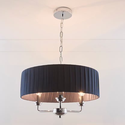 3 Light Pleated shade Chandelier with a 3 arm Polished Chrome Frame available in Cream, Grey and Navy